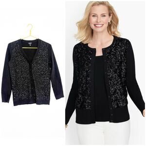 NWOT Talbots Sequined Rib knit Trim Cardigan Size Small Black Wool Blend Preppy
